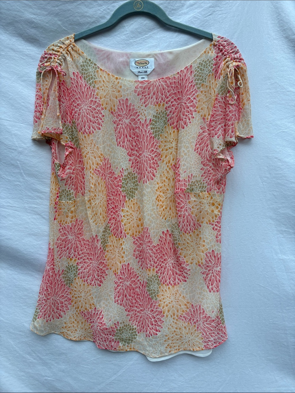 Talbots Pink and Orange Floral Scoop Neck Short Sleeve Blouse